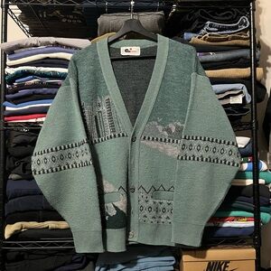 Men's Green Patterned Cardigan Sweater